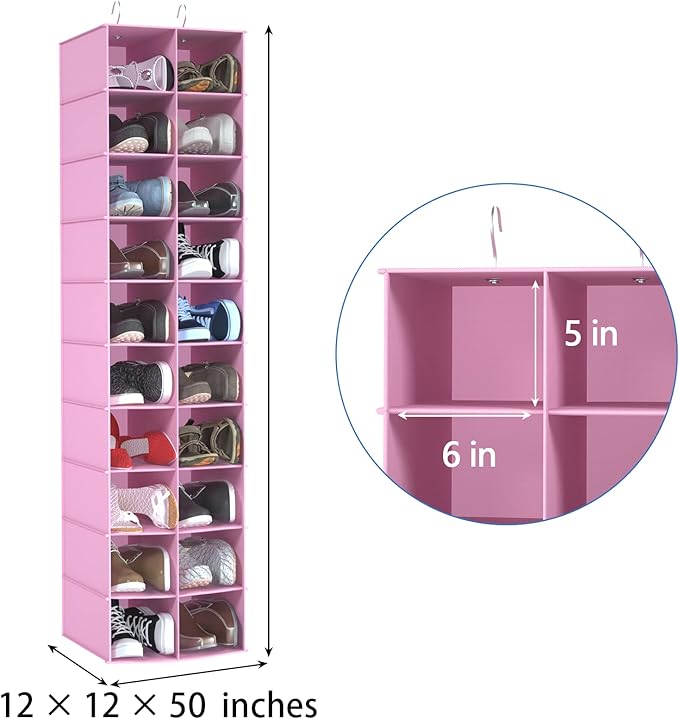 coastal rose Hanging Shoe Organizer for Closet, 20 Sections Hanging Closet Organizers and Storage Shelves, Space Saving Shoe Storage Rack Holder, Pink, 12''W×12''Dx 50''H-NeatNest