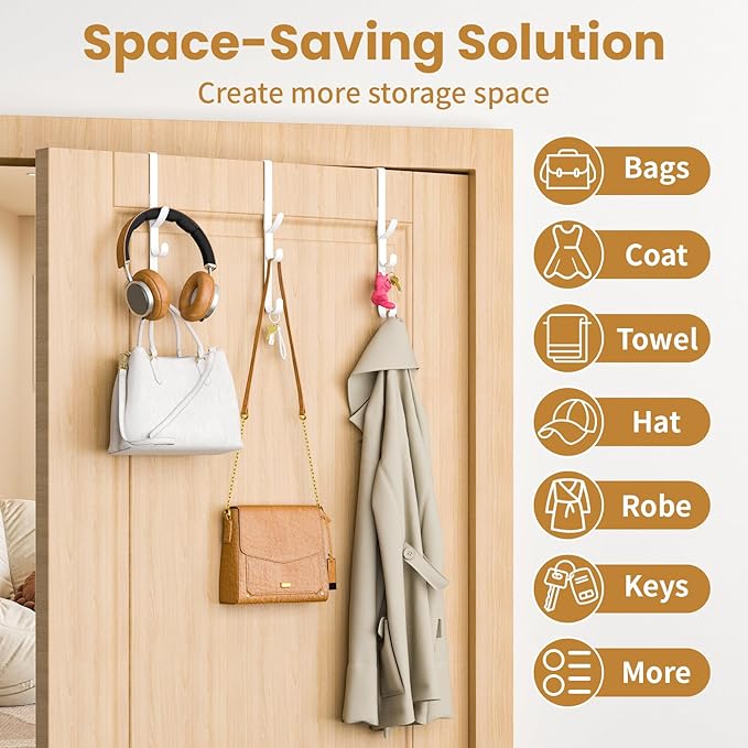 Over the Door Hooks hanger,over the door towel hook Organizer hanging for coat clothes backpack hat purse Metal Towel Rack Back of Shower for Bathroom,Dorm,Bedroom,Kitchen,Office Closet (White-3Packs)