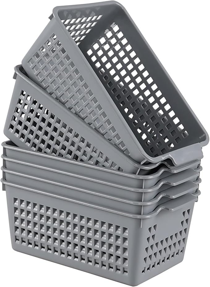 Plastic Storage Baskets, 6 Packs Shelf Kitchen Pantry Organizer Bins, Grey-NeatNest