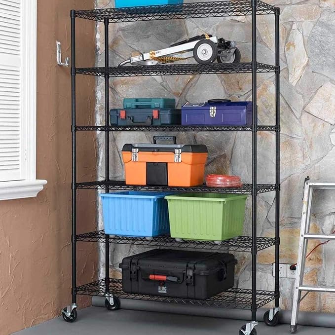 BestOffice NSF Wire Shelving Unit 6-Shelf Large Storage Shelves Heavy Duty Metal Wire Rack Height Adjustable Commercial Grade Utility Storage Rack on 4" Casters 6000LB Capacity 18x48x76,Black-NeatNest