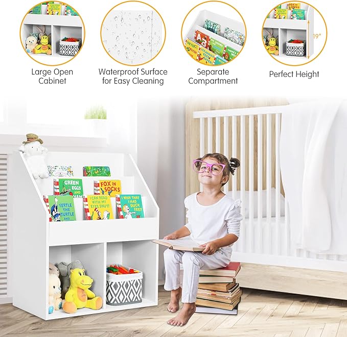 Costzon Kids Bookshelf, Wooden Toy Storage Cabinet Organizer w/Shelves, 2 Large Cubes & Anti-Tipping Devices, Children Bookcase Display Sling Book Rack for Kids Room, Nursery, Kindergarten (White)-NeatNest