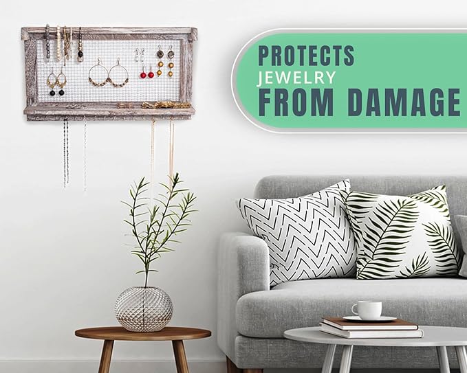 Comfify Rustic Jewelry Organizer – Wall Mounted Jewelry Holder w/Removable Bracelet Rod, Shelf & 16 Hooks – Perfect Earrings, Necklaces & Bracelets Holder – Rustic White-NeatNest