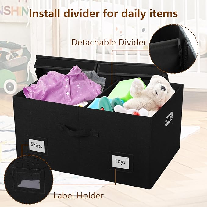 75 Quarts Extra Large Decorative Storage Bins with Lids, 3 Packs Black Collapsible Storage Bins with Lids, Stackable Storage Bins Decorative Box Storage With Lid Extra Large-NeatNest