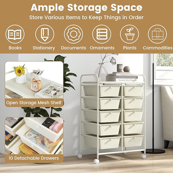 Moccha Rolling Cart with 10 Drawers - Storage Drawers Organizer with wheels for Craft Art Supply Paper Salon, Multipurpose Movable Utility Cart for Teacher Classroom, White