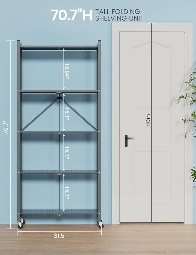 ALANNG 70.7" H Metal Storage Shelves, 5 Tier Folding Storage Shelves on Wheels, Heavy Duty Collapsible Shelving Unit, No Assembly Storage Rack for Kitchen, Basement, Pantry (Grey,1 Pack)