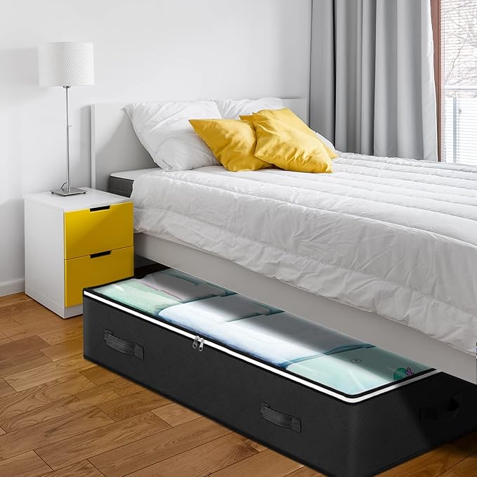 Budding Joy 90L Under Bed Storage Containers, Closet Organizers and Storage Bins, Foldable Underbed Storage Bags for Blankets, Towels, Comforter, Sweaters, Pillows, Linen Sheets, Wrapping Paper，Black-NeatNest