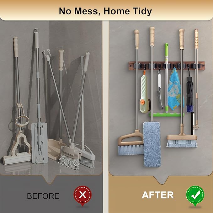 Broom Holder Wall Mount With 5 Slots & 4 Hooks，Rustic Wood Broom & Mop Hanger，Wall Mounted Garden & Garage Tool Storage Organizer Rack for Closet Laundry Room or Kitchen Wall Decor-NeatNest
