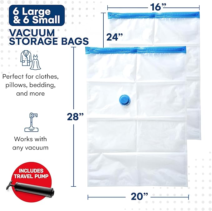 12 Pack Variety Vacuum Storage Bags for Comforters, Blankets & Clothes – Vacuum Sealed Compression Bags with Hand Pump – Space Saver Storage Bags for Bedding, Moving, Travel & Organization (6S & 6L)-NeatNest