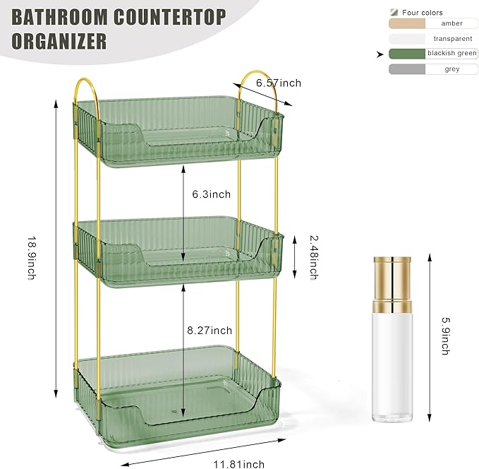 Bathroom Counter Organizer Countertop Storage Skincare Countertop Makeup Organizer Cosmetics Skincare Organizers Holder for Perfume-Green-Golden Pole-3 Tier-NeatNest