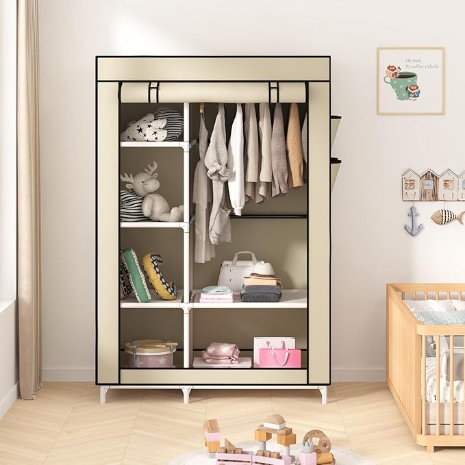 Calmootey Portable Closet Organizers, Clothing Storage, Wardrobe with 6 Shelves and Hanging Rod, Non-Woven Fabric Cover with 4 Side Pockets, Beige-NeatNest