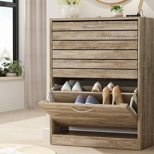 FUFU&GAGA Shoe Storage Cabinet with 2 Flip Drawers for Entryway, Modern, Freestanding Rack Organizer (22.4”W x 9.4”D x 29.5”H) (Light Brown)-NeatNest
