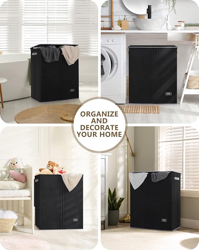 SOLEDI Double Laundry Hamper with Lid and Removable Laundry Bags - Large Dirty Clothes Hamper 2 Section - Collapsible Laundry Baskets for Bedroom, Bathroom, Laundry room, Apartment, Black-NeatNest