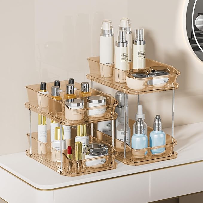 Delamu 2 Sets of 2-Tier Clear Under Sink Organizers and Storage, Multi-Purpose Stackable Bathroom Cabinet Organizers, Amber-NeatNest