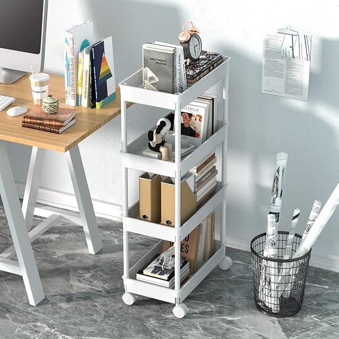 Sooyee 4 Tier Wide Storage Cart Mobile Shelving Unit Organizer Slide Out Storage Rolling Utility Cart Tower Rack for Kitchen Bathroom Laundry, Plastic & Stainless Steel,White