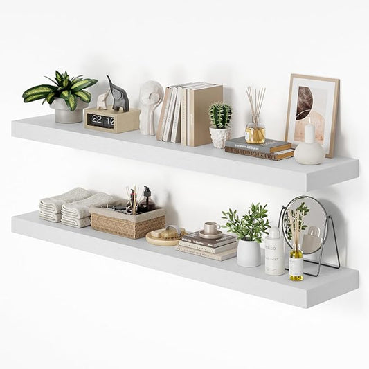 Heimlove 55 x 12 inch Extra Long Floating Shelves for Wall, 12 Inch Deep Floating Shelves, Large Display Shelf & Storage Shelf for Living Room Bedroom Kitchen Home Office, Set of 2, White-NeatNest