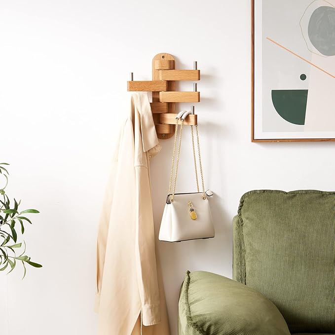 Coat Hooks for Wall, Oak Wood Wall Hooks with 5 Swivel Foldable Arms, 12'' Length Coat Rack Hat Hooks for Bathroom Entryway Bedroom Office Kitchen, Heavy Duty (Natural)-NeatNest