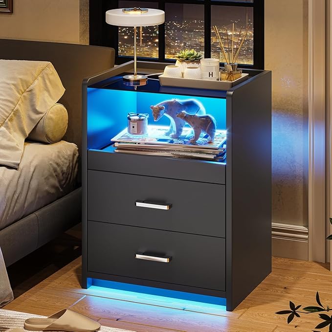 VIAGDO Nightstands Set of 2 with Charging Station and LED Lights, Black Night Stand Set 2 with Glass Top and Storage Drawers, End Side Tables with Pull-Out Tray, Modern Bedside Tables for Bedroom