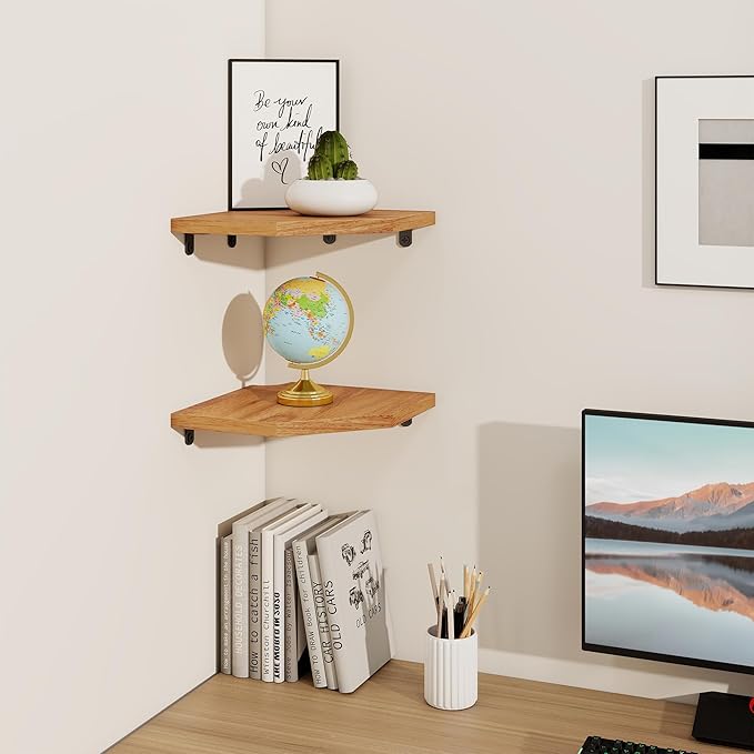 Fun Memories Corner Shelf Wall Mount, Solid Oak Wood Floating Corner Shelves with Cable Hole, 8.5in Rustic Design for Bedroom, Bathroom, Kitchen, Living Room (Natural, 1 Pack)-NeatNest