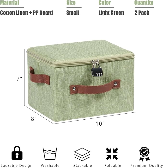 2PCS Storage Bins Box with Zipper Lid Combination Lock PU Leather Handles Cotton Linen Fabric Lidded Lockable Basket Foldable Washable Closet Shelf Organizer Container (Light Green, Small)