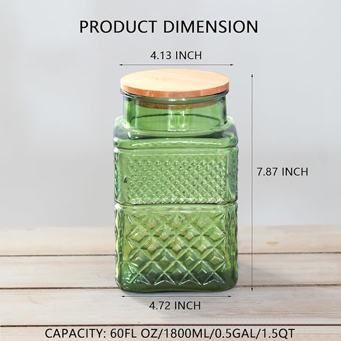 60 FL OZ Large Airtight Glass Storage Jars with Bamboo Lid - Vintage Food Containers for Candy, Snacks, Coffee, Tea, Nuts, Cereal - Kitchen Canisters