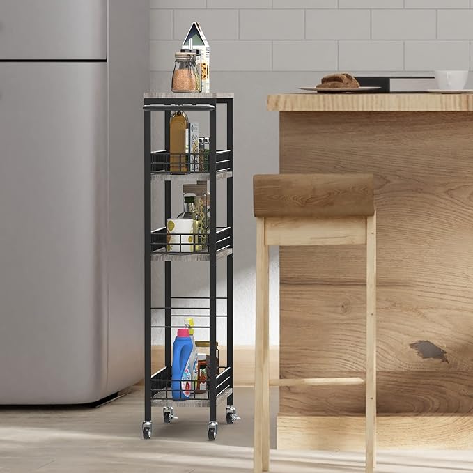 4 Tier Slim Storage Cart Narrow Laundry Cart on Wheels Utility Kitchen Rolling Cart with Wood Tabletop Mobile Shelving Unit Bathroom Storage Organizer Slide Out Rolling Tower for Narrow Spaces-NeatNest
