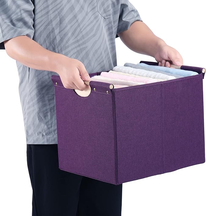 HOONEX Large Collapsible Storage Bins, Linen Fabric, Pack of 2, Storage Baskets with Wooden Carry Handles and Sturdy Heavy Cardboard, for Home, Office, Car, Nursery, Dark Purple