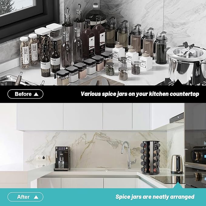 Black Countertop Rotating Spice Rack, Round Empty 20-Jars Revolving Spice Rack Organizer, 135 Spice Labels with Funnel Complete Set, for Kitchen Countertop, Cabinet-NeatNest