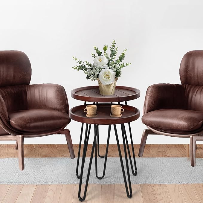 Oakrain Walnut Nesting Tables, Set of 2 - Small Round Farmhouse End Tables, Coffee Table, Hallyway
