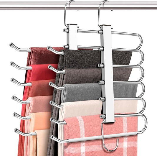 4 Pack 6-Tier Space Saving White Pant Hangers, Anti-Slip, Lightweight, Stainless Steel, Ideal for Closet Organization, Free Installation-NeatNest