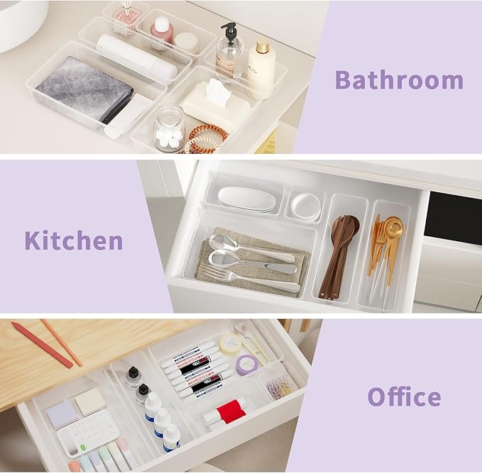 22 PCS Clear Drawer Organizer Set, 4-Size Vanity and Desk Drawer Organizer Trays with Non-Slip Silicone Pads, Plastic Storage Bins for Makeup, Jewelry, Bathroom, Office, Fridge, Kitchen-NeatNest