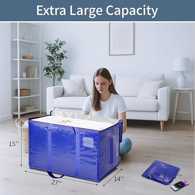 Extra Large Heavy Duty Moving Bags - Waterproof Storage Totes with Reinforced Handles & Zippers, Foldable for College Dorm Essentials, Clothes Storage & Travel (12-Pack Blue)