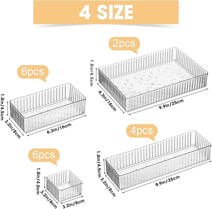 18 Pcs Clear Drawer Organizer Stackable 4 Size Clear Makeup Drawer Organizer Trays Acrylic Bathroom Vanity Storage Bins for Cosmetic, Jewelries, Office Supply, Kitchen Utensils(Stripes)