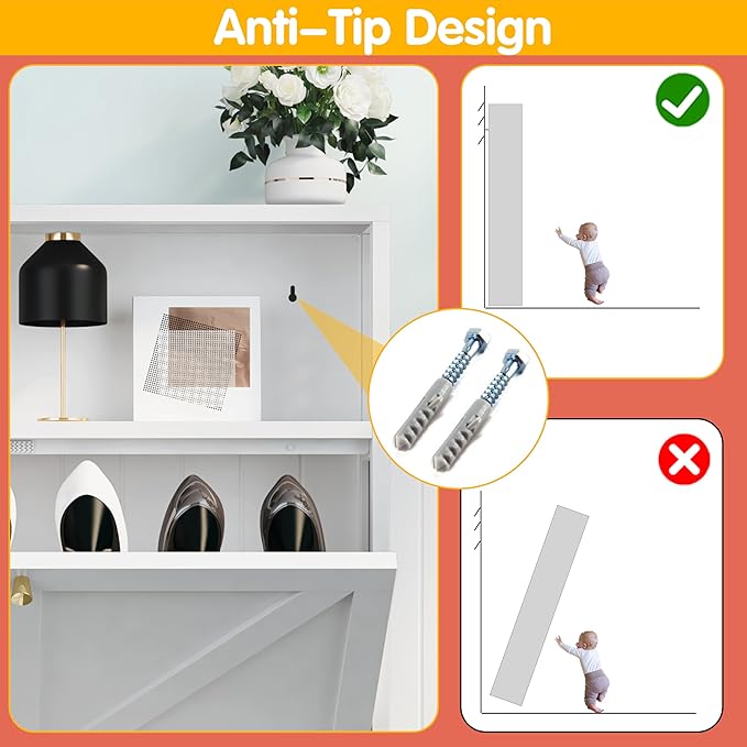Shoe Cabinet with 2 Flip Drawers, Farmhouse Shoe Organizer, Narrow Shoe Rack Cabinet, Freestanding Shoe Storage Cabinet with Open Storage for Entryway, Foyer, Hallway, White