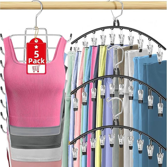 5 Pack Legging Organizer for Closet Hanging, 3 Pants Leggings Hangers with 30 Clips, 1 Tank Top Hanger, 1 Metal Magic Space Saving Hangers Closet Organizers and Storage for Pants Skirts Bra-NeatNest