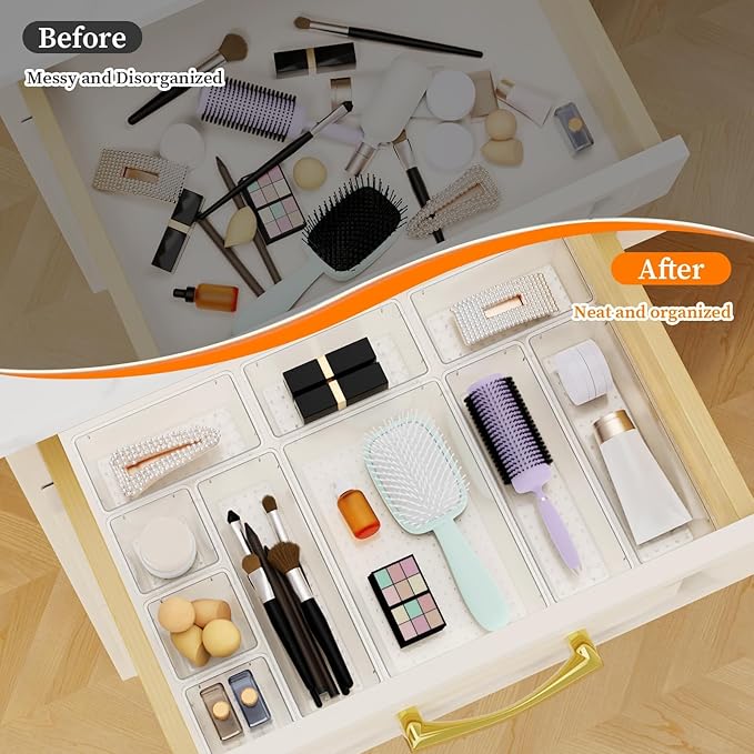 32 PCS Clear Plastic Drawer Organizer Set, 4-Size vanity organizer Trays and Storage Bins for Makeup, Jewelry and Gadgets in Bedroom, Bathroom and Office, Clear-NeatNest