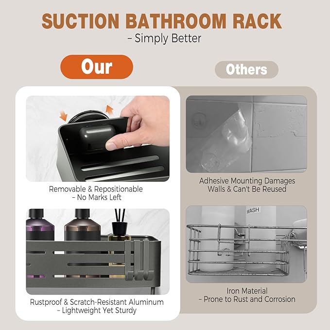Lekesky Suction Cup Shower Caddy, No Drill Shower Shelf, Aluminum Rust Proof Bathroom Shower Organizer with 12 Hooks (2-Pack, Gunmetal Gray