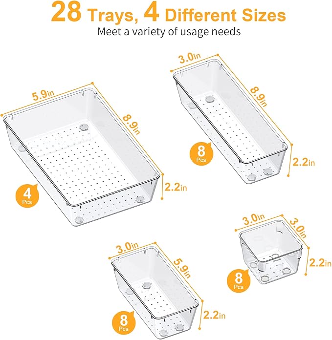 SMARTAKE 28 Piece Drawer Organizers with Non-Slip Silicone Pads, 4-Size Desk Drawer Organizer Trays Storage Tray for Makeup, Jewelries, Utensils in Bedroom Dresser, Office and Kitchen, Clear-NeatNest