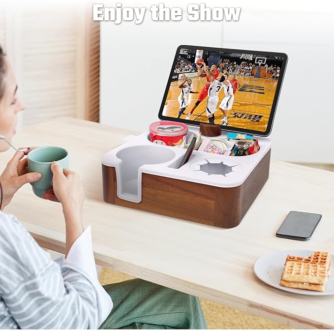 Couch Cup Holder Tray, Real Acacia Wooden Caddy with Soft Silicone, Snack and Drink Organizer- Perfect Movie Night Accessories for Bed, Remote and Cup Holders for Sofa (White)-NeatNest