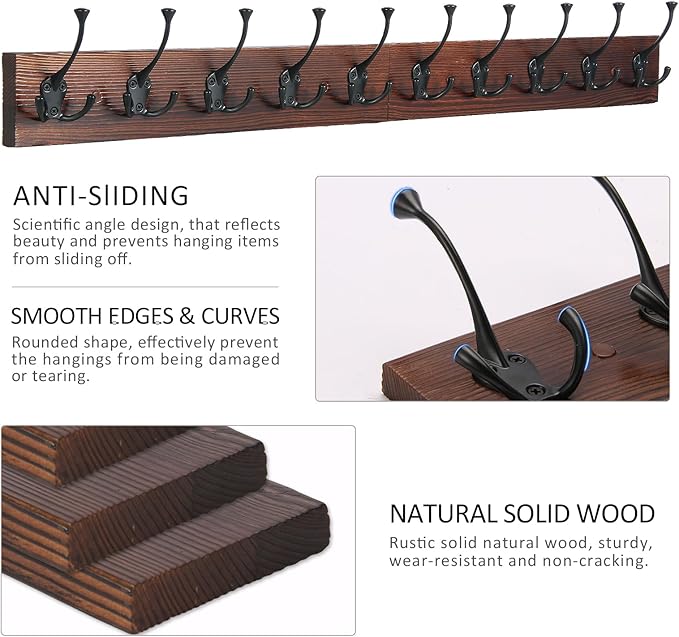 IBosins 34'' Coat Rack Wall Mount with 10 Decorative Tri-Hooks, Heavy Duty Wood Coat Hanger, Rustic Coat Hooks Rail for Entryway Living Room Coat Scarf Bag Towel Hat-NeatNest