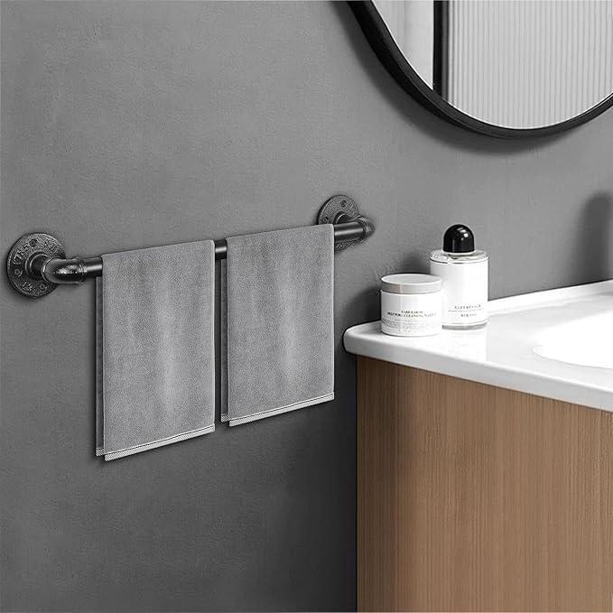 Industrial Pipe Towel Rack Towel Bar, Heavy Duty Wall Mounted Rustic Farmhouse Bath Towel Holder for Bathroom (Black, 16 inch)