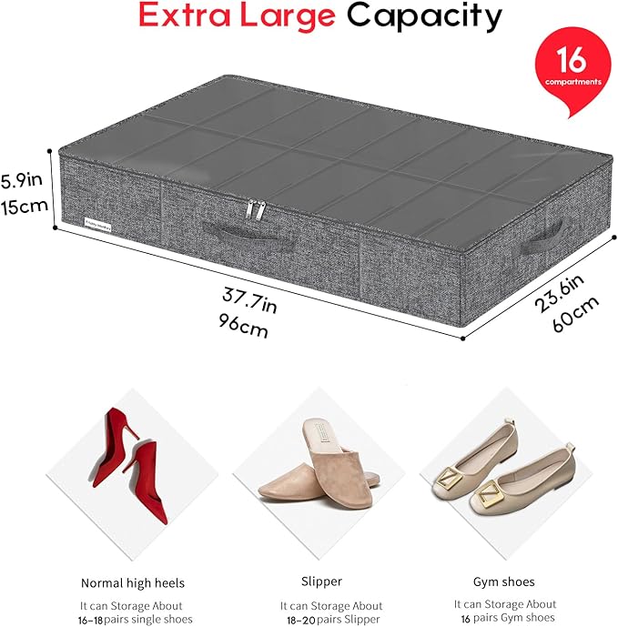 Heavy Duty Shoe Storage Boxes Fit 16x2 Pairs, Foldable Shoe Organizer for Closet Underbed, Space Saving Sneaker Container Bin Holder, 37.8"x23.6"x5.9", Cotton-like Grey, ZMXGUBS16P2-NeatNest