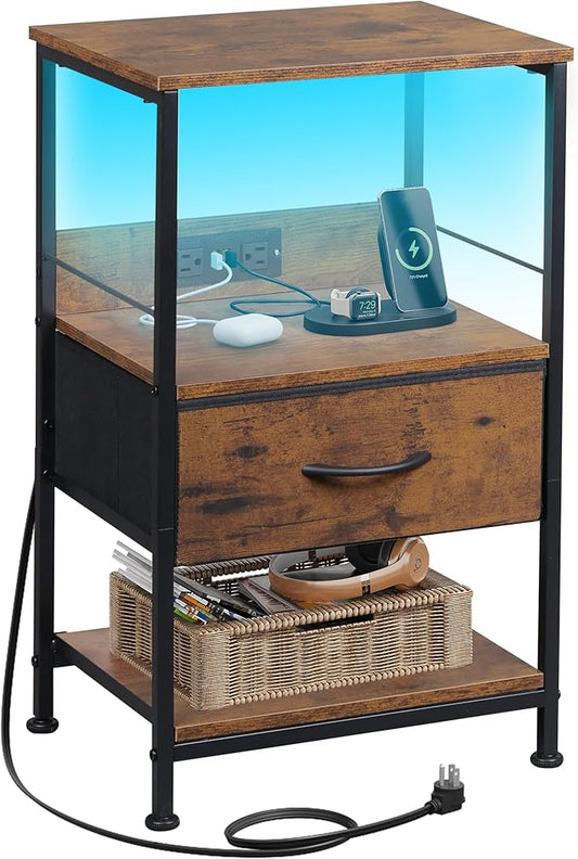 WLIVE Night Stand with Charger Station, LED Nightstand with Adjustable Fabric Drawer, 3-Tier Storage Bedside Table, Small End Side Tables for Bedroom, Rustic Brown