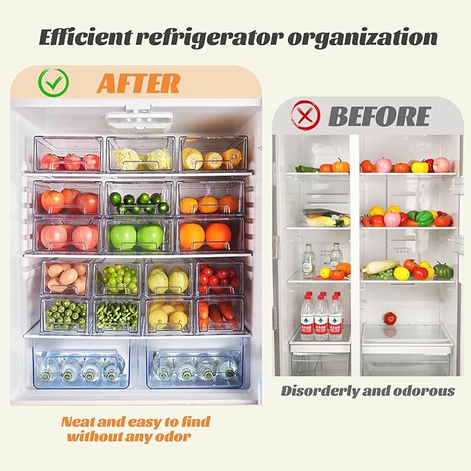 PeJeyiee 6 Pack Clear Stackable Refrigerator Organizers and Storage Drawers - Pull-Out Fridge Bins with Anti-Slip Base & Easy Clean, Plastic Organizers for Kitchen Pantry Cabinet Closet (Large)-NeatNest