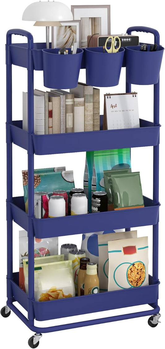 JIUYOTREE 4-Tier Plastic Rolling Storage Cart Utility Cart with Extra Hanging Cups Handles Lockable Wheels for Living Room Bathroom Kitchen Office Blue-NeatNest
