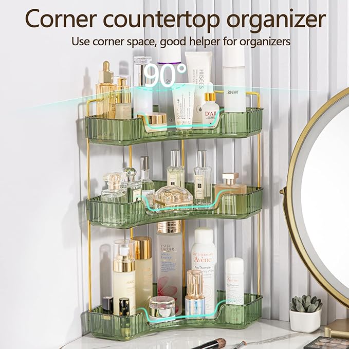 3-Tier Corner Bathroom Counter Organizer – Classic Storage Shelf for Makeup, Perfume & Toiletries, Space-Saving Countertop Tray Fits Bathroom, Dresser, Kitchen (Sage Green)