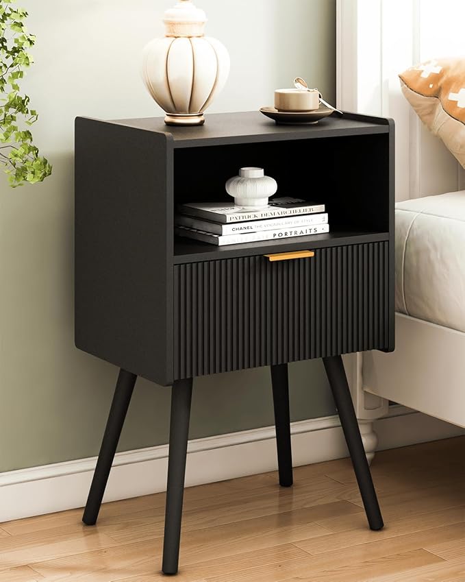 Black Nightstand,Modern Bedside Table with Storage Drawer and Open Wood Shelf, for Living Room, Bedroom and Small Spaces, Accent Night Stand with Solid Wood Legs, Easy Assembly,Classic Black-NeatNest