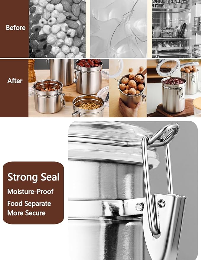 Coffee Canister 4 Pcs Stainless Steel Food Container with Clear Lids Airtight Container Stackable Canisters Kitchen Pantry Storage for Cereal, Snacks, Candy, Herbs, Spices, Sugar, Tea (1.8L Silver-4)-NeatNest