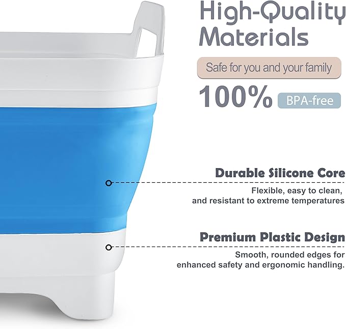 2.4 Gal(9L) Collapsible Dish Basin with Drain Plug, Space Saving Outdoor Multiuse Foldable Sink Tub, Dishpan, Kitchen Storage Tray for Camping, Vegetable Washing, RV (Blue)-NeatNest