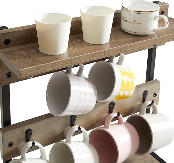 IBUYKE Rustic Coffee Mug Holder Stand, 2 Tier Countertop Mug Tree Holder Rack with Storage Base, Vintage Mug Holders for Kitchen, Holds 8 Mugs, Beige UTBJ002Y-NeatNest