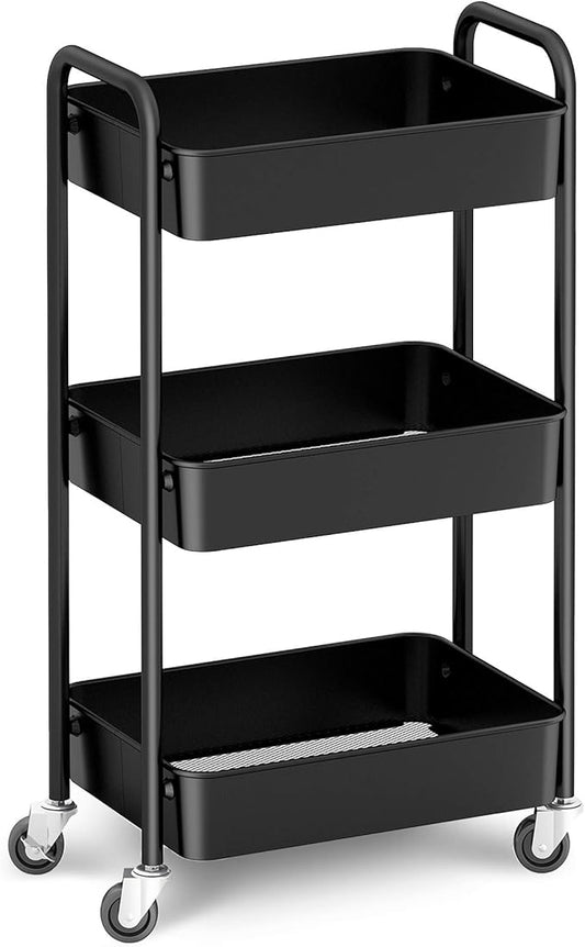 CAXXA 3-Tier Rolling Metal Storage Organizer - Mobile Utility Cart, Kitchen Cart with Caster Wheels (Black)-NeatNest